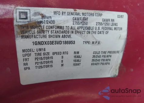 1997 Chevrolet Venture from USA, damaged, VIN 1GNDX03E3VD186953